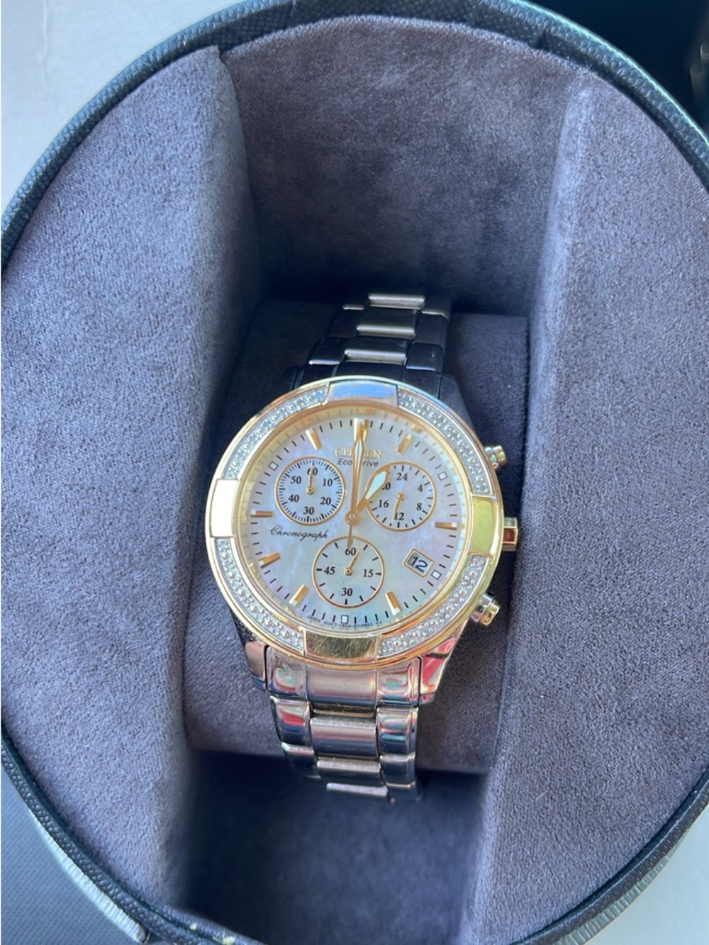 Citizen Two-Tone Gold and Silver Chronograph Women's Watch eco drive movement.